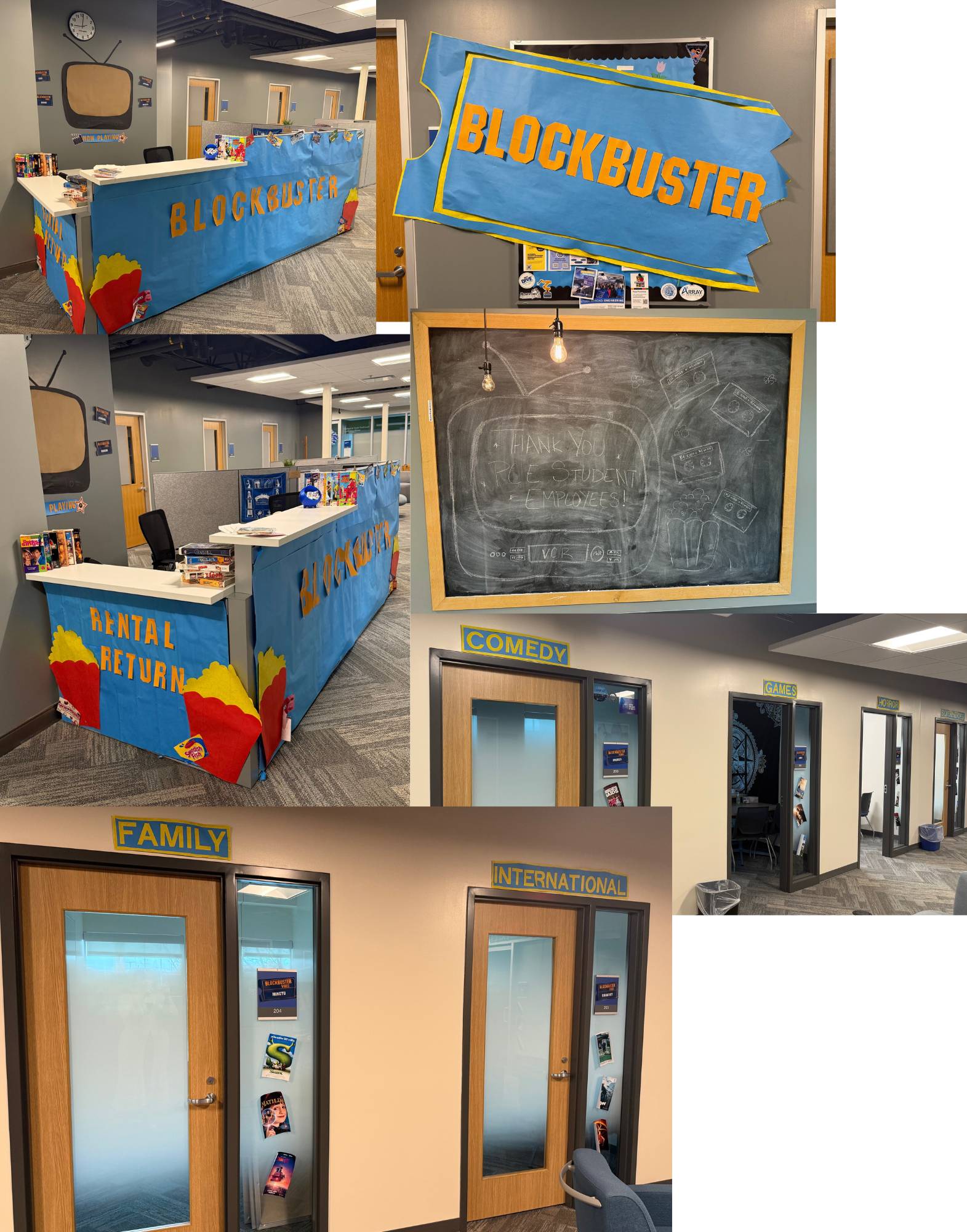 Blockbuster store theme with a large sign, move sections over each office door, popcorn bucket designs on front desk and large tv decoration behind front desk